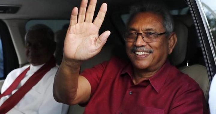 The victor: President-elect Gotabaya Rajapaksa waving to supporters in Colombo on Sunday.