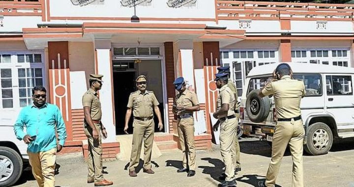Police personnel on duty at the Udhagamandalam panchayat union office on Monday, the first day of filing nominations for rural local body polls.