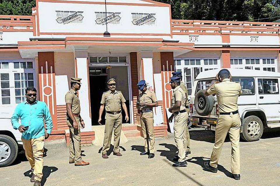 Police personnel on duty at the Udhagamandalam panchayat union office on Monday, the first day of filing nominations for rural local body polls. 