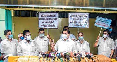 AIADMK joint coordinator Edappadi Palaniswami stages a protest against the DMK government at his residence in Salem, Tamil Nadu